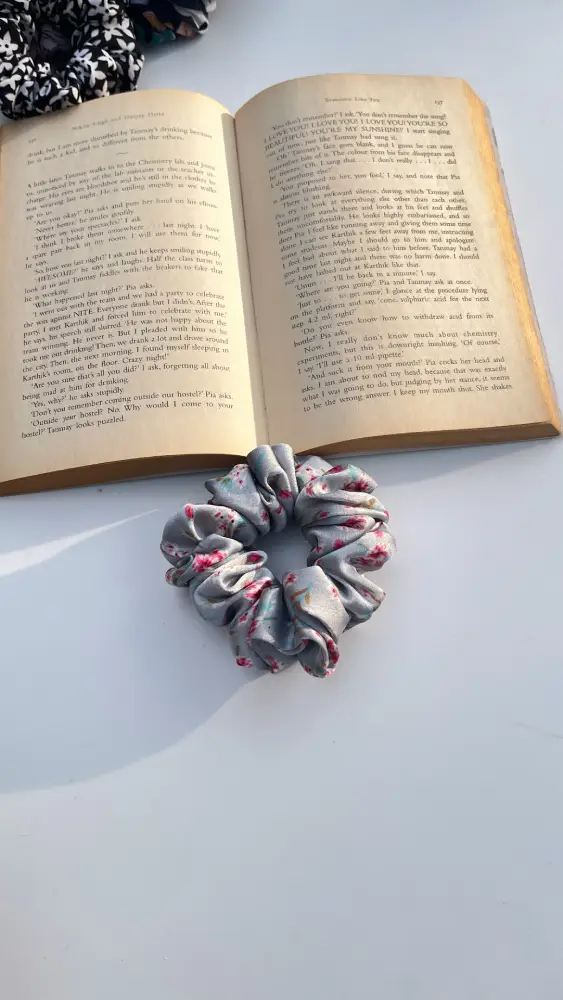 Grey Blue Floral Satin XL Scrunchies